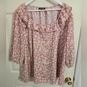 Bloomchic Pink Daisy Blouse with Ruffle Neckline Size 26